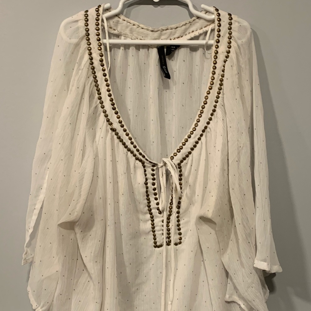 MNG Casual Flowy Off-White Polka Dot Blouse